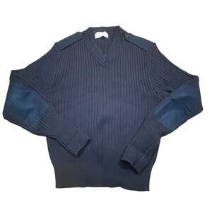 Vintage Iron Run Wool Military Sweater Elbow Patch V Neck Navy Men Large 42